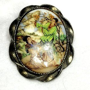 Silver Tone Asian Cherry Tree Metal Twisted Rope  Edge Pin Brooch 2" Tall ...403